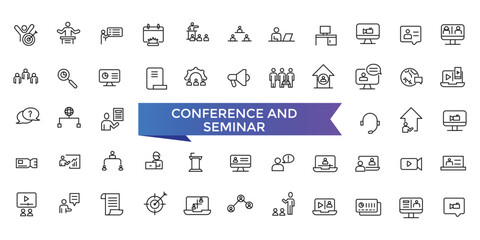 Conference and seminar Icon set with editable stroke collection for web and ui. Line icons pack. Vector illustration.
