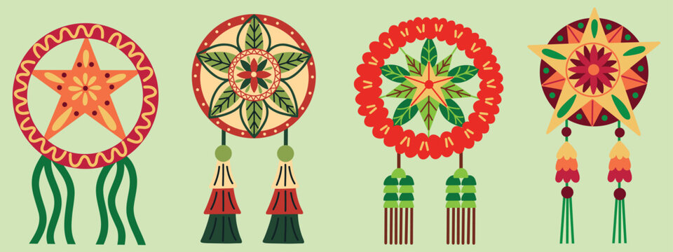 Festive Christmas Lanterns elements set. Traditional Filipino Parol lanterns. Christmas decorations. Hand drawn vector illustrations.