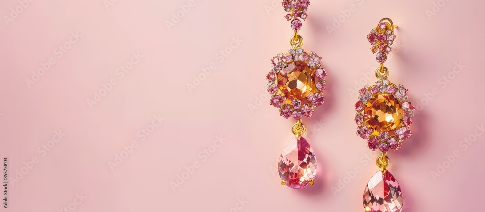 Poster Gold earrings with stones for women on a pastel background. with copy space image. Place for adding text or design