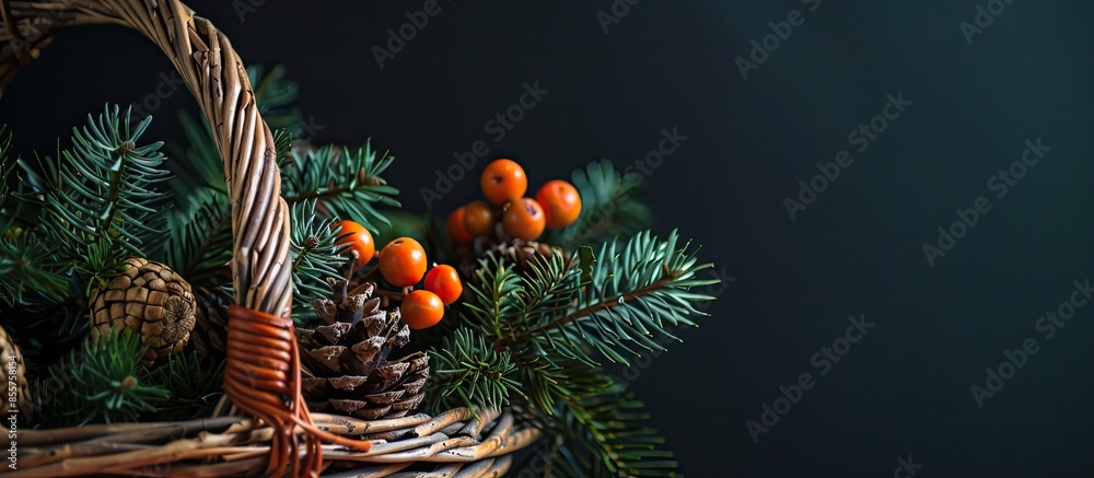 Aufkleber In wicker basket, branch of christmas tree with garland in against of black background. with copy space image. Place for adding text or design