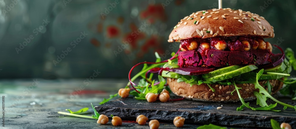 Aufkleber Vegetarian burger made of beetroot, broccoli and chickpeas with avocado and arugula. Copy space image. Place for adding text or design