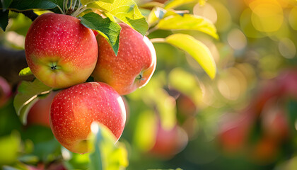 Obraz premium Red apples on tree ready to be harvested. Ripe red apple fruits in apple orchard