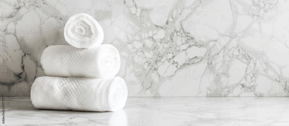 Poster pile of paper towels on the white marble surface against white wooden wall pastel background. with c