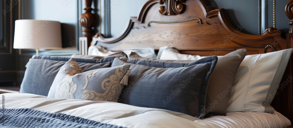 Poster detail of classic furniture bed with pillows in bedroom. with copy space image. place for adding tex