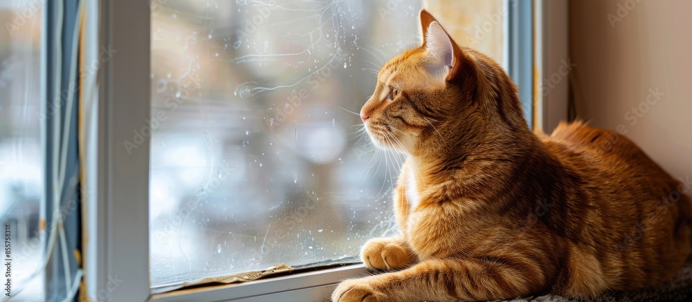 Poster brown cat at the window waiting for spring. with copy space image. Place for adding text or design