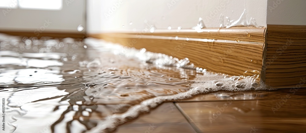 Poster the wood skirting board became swelling because of the water damage incident occurs. with copy space