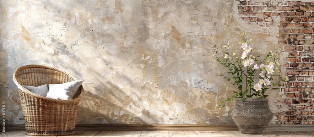 Poster natural brick wallpaper with modern wicker chair and vase of flowers. with copy space image. place f