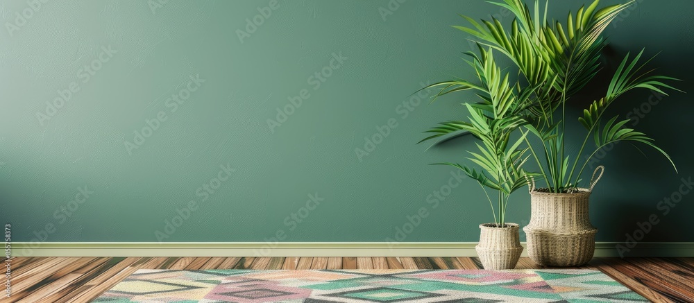 Poster green plant on wood table with geometric rug. with copy space image. place for adding text or design