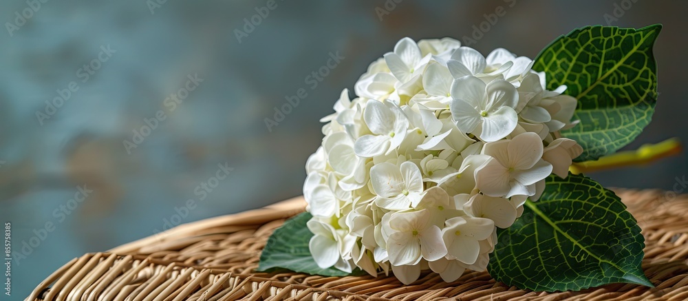 Aufkleber Beautiful artificial flower on the wicker table. with copy space image. Place for adding text or design