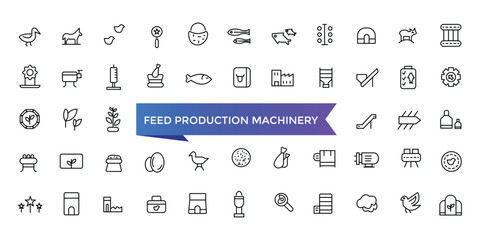 Feed Production Machinery Icon set with editable stroke collection for web and ui. Line icons pack. Vector illustration.