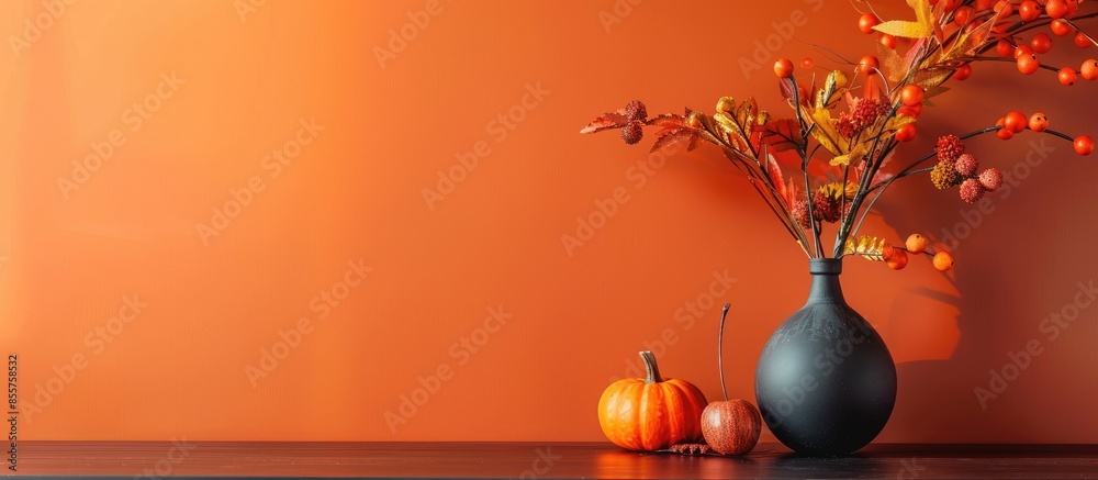 Poster Beautiful table setting and vase with autumn decor near color wall, closeup. with copy space image. Place for adding text or design