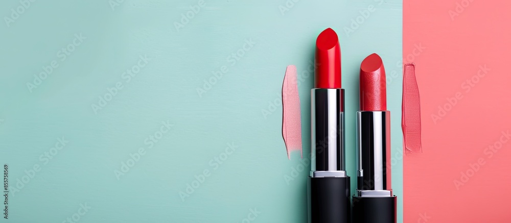 Poster Red lipstick set Isolated on pastel background  Woman. with copy space image. Place for adding text or design