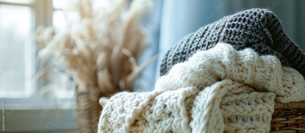 Aufkleber Cozy blankets in the basket. with copy space image. Place for adding text or design