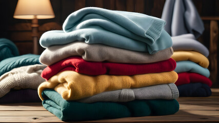 produce a realistic image of a stack of folded cashmere sweaters in various colors on a wooden table
