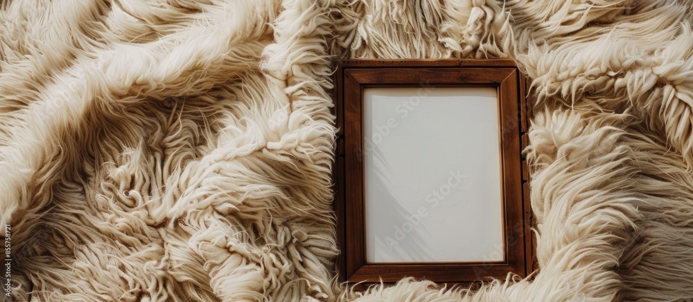 Poster Empty wooden photo frame over cozy and warm fur carpet. For photography montage. Top view. with copy space image. Place for adding text or design