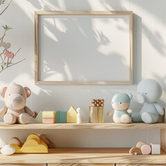 mock up frame, do not cover frame area, design a shelf in a bohemian style baby's nursery. On the shelf are some wooden pastel coloured blocks and some kids books in bright colours.