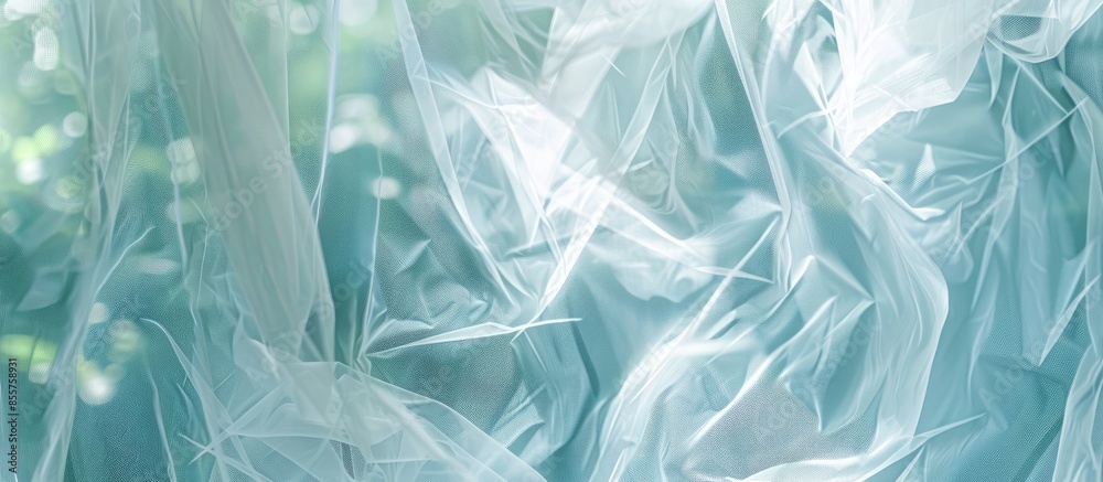 Poster Transparent white tulle on the window. with copy space image. Place for adding text or design