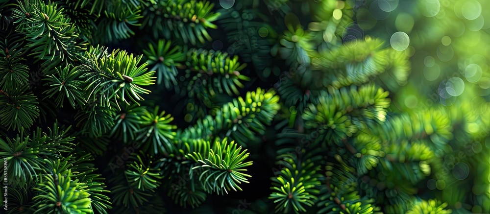 Poster Brightly green prickly branches of a fir-tree or pine. with copy space image. Place for adding text or design