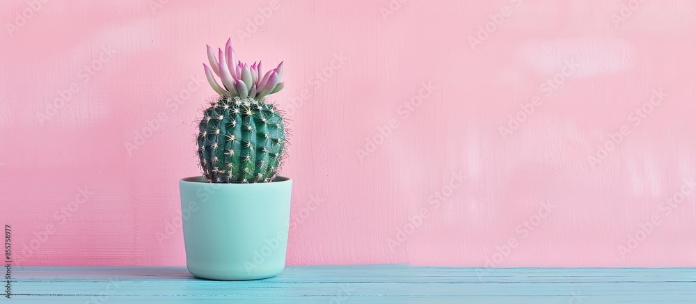 Aufkleber potted cactus isolated on pastel background wood background. with copy space image. place for adding