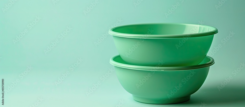 Aufkleber green plastic bowls isolated on pastel background design. with copy space image. place for adding te