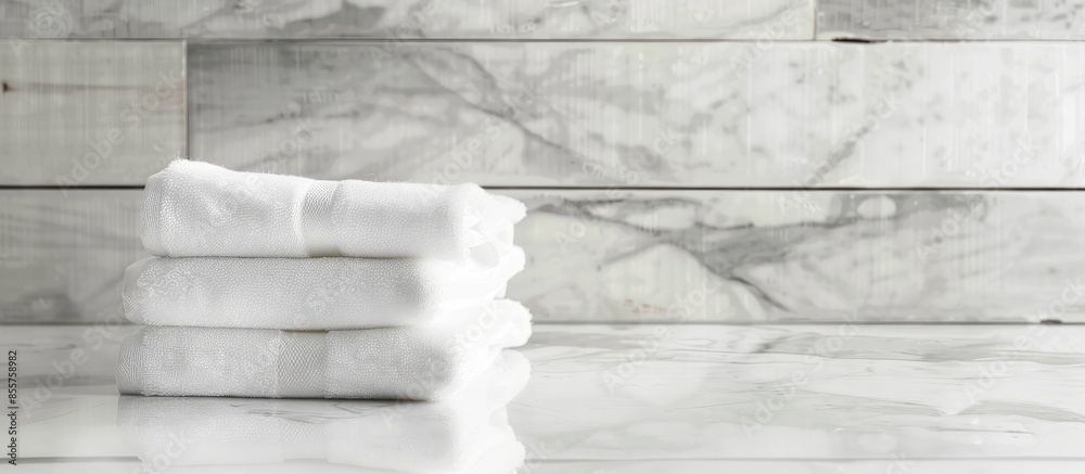 Poster pile of paper towels on the white marble surface against white wooden wall pastel background. with c