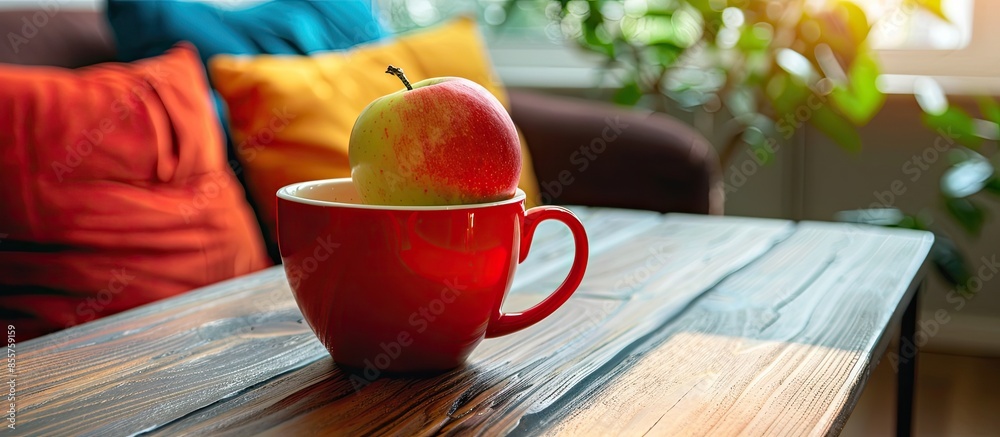 Poster Mug of coffee and apple on wooden table with colorful couch in the house. with copy space image. Place for adding text or design