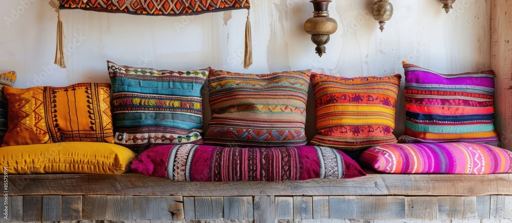 Poster Colorful Arabian style pillows. with copy space image. Place for adding text or design