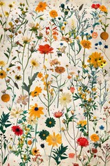 a vintage junk journal paper with a selection of wildflowers scattered randomly with lots of whitespace, in the colors yellow, teal, orange, and green, beautiful hand drawn illustrations. vertical
