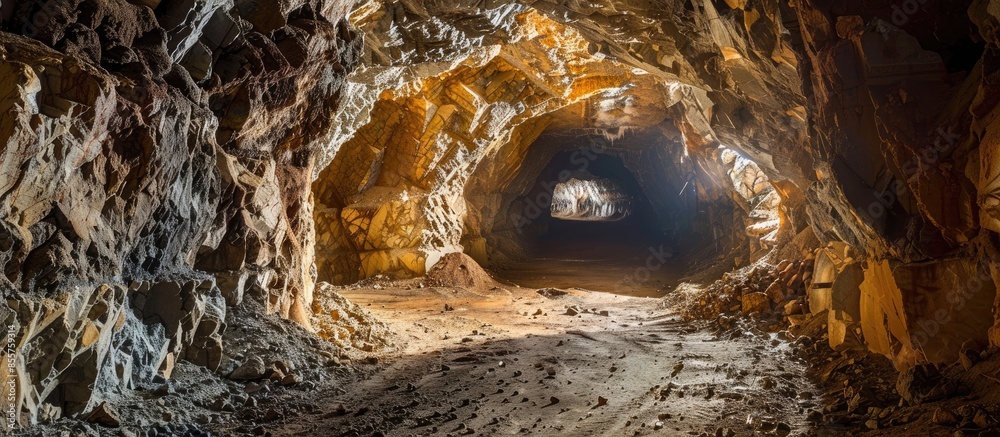 Poster massive excavation underground mine with jumbo drill. copy space image. place for adding text or des