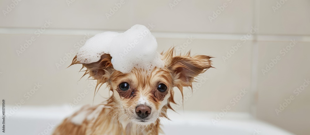 Poster cute lovely small dog wet in bathtub, clean dog with funny foam soap on head. pets indoors. copy spa