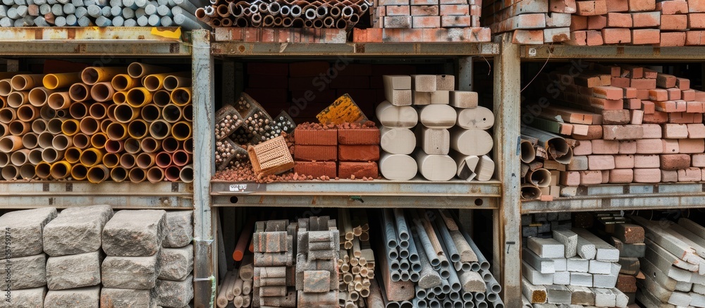 Poster construction building materials and industrial supplies such as bricks, woods and pipes stacked and 