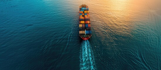 Aerial view container cargo ship, import export commerce business trade logistic and transportation of International by container cargo ship boat in the open sea, Freight shipping maritime