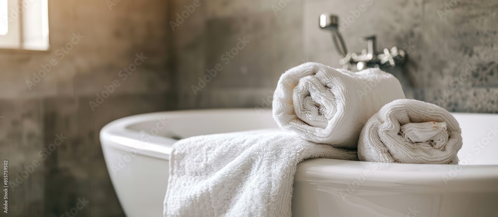 Aufkleber Big white bath with two fluffy towels . with copy space image. Place for adding text or design