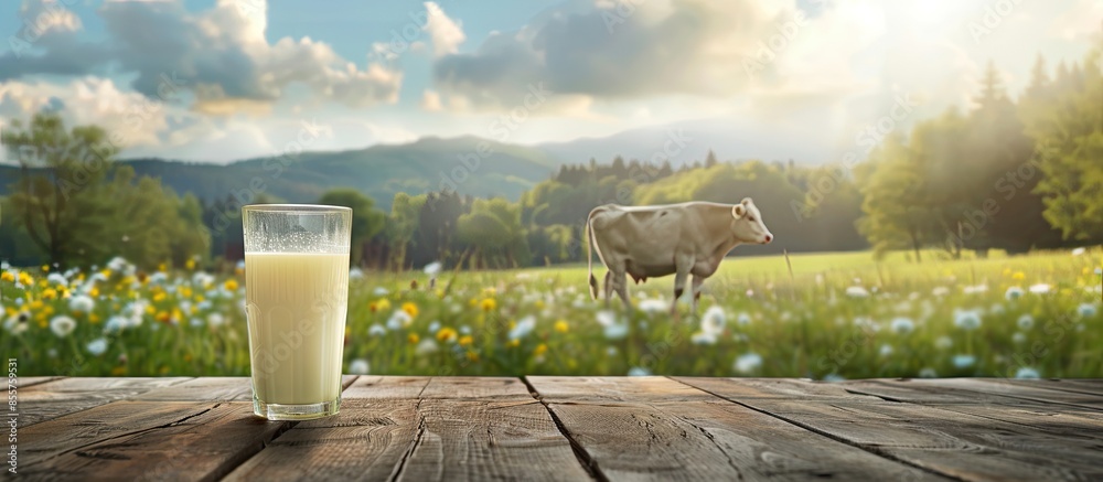 Poster fresh milk in glass on dark wooden tabletop and blurred landscape with cow on meadow. healthy eating