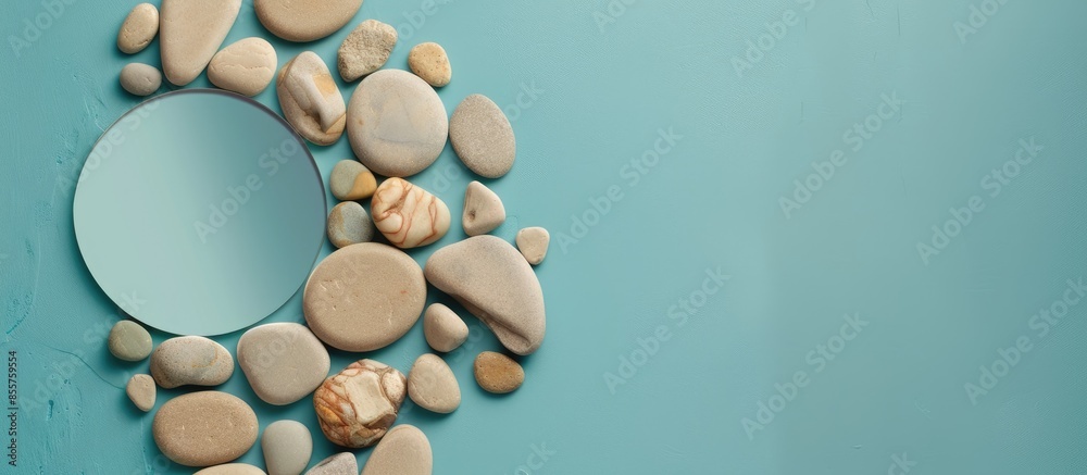 Poster ring of wood with stones pastel background  Abstract. with copy space image. Place for adding text or design