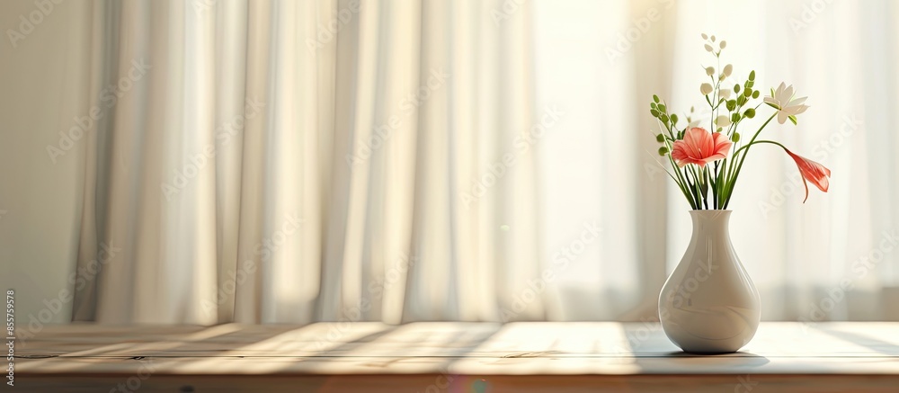 Poster  vase with a flower on the table in the interior                              . with copy space image. Place for adding text or design