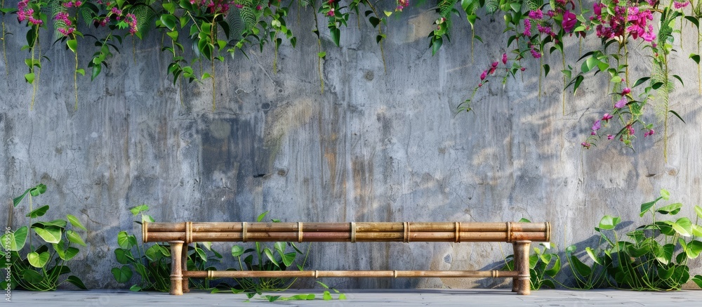 Poster The Bamboo Bench in Front of the Wall with Ivy and The Beautiful Flowers. with copy space image. Place for adding text or design