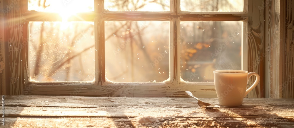 Poster hot drink on window and spoon . with copy space image. Place for adding text or design