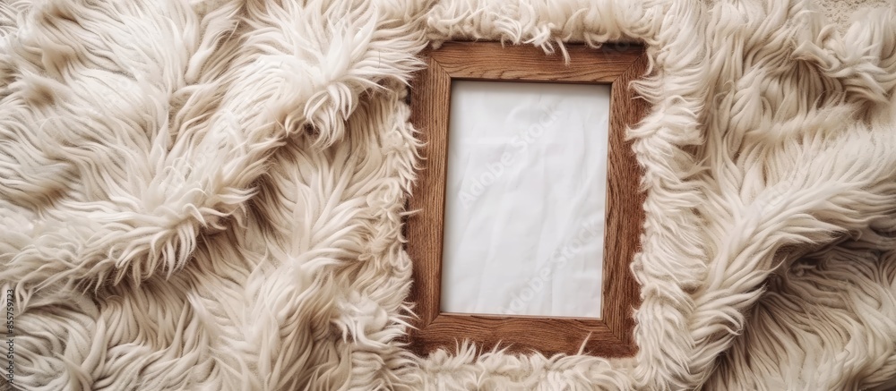 Leinwandbilder empty wooden photo frame over cozy and warm fur carpet. for photography montage. top view. with copy