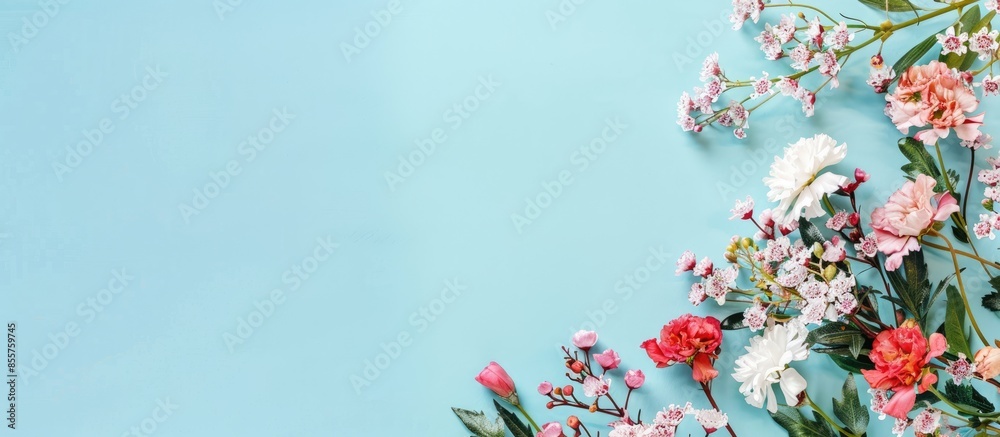 Poster Beautiful flowers and stationery on light blue background, flat lay with space for text. Teacher's Day. Copy space image. Place for adding text or design