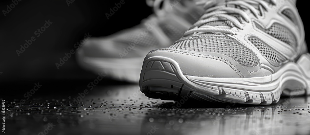 Poster close up view of nice sport shoe on black and white. Copy space image. Place for adding text or design