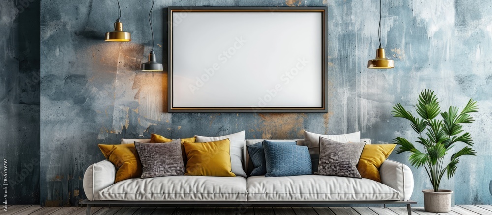 Aufkleber Cosy sofa with pillows and blank frame above. with copy space image. Place for adding text or design