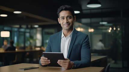 Fototapeta premium professional business man with digital laptop showing confidence and knowledge, start up concept 