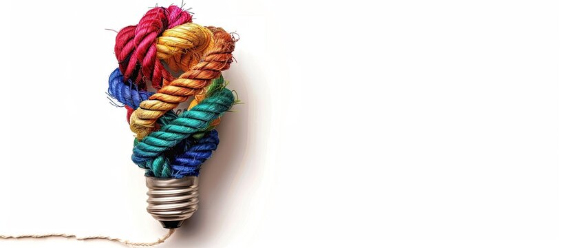 Creative diversity Idea symbol and strong ideas concept as a creativity light bulb made of diverse ropes representing innovative thinking and business solutions isolated on a white background