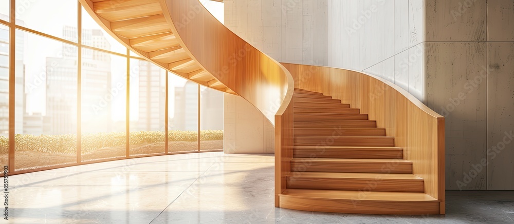 Poster wood staircase in a modern office building. with copy space image. Place for adding text or design