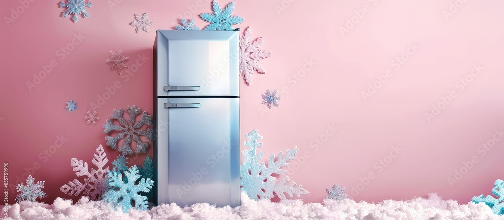 Poster steel refrigerator and blue snowflakes on pastel background. with copy space image. place for adding