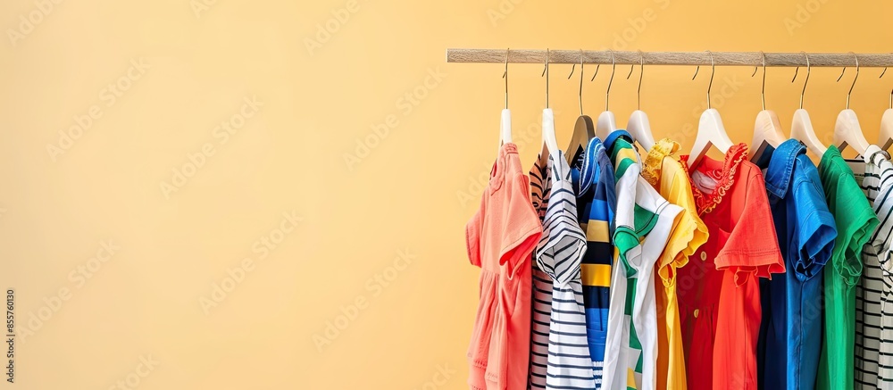 Aufkleber clothes for kids on hangers. with copy space image. place for adding text or design