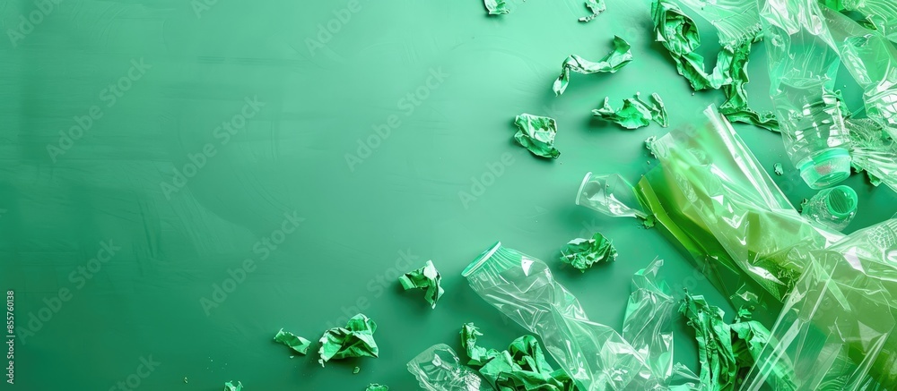 Poster plastic waste collection on green background. concept of recycling plastic and ecology. flat lay, to