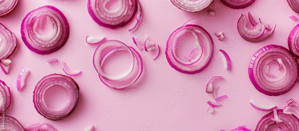 Leinwandbilder sliced red onion rings isolated on pastel background cutout. with copy space image. place for adding