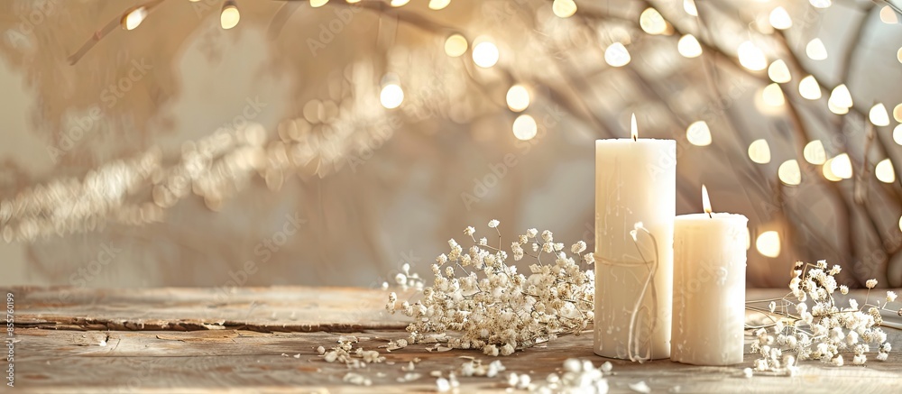 Fototapete white dried flowers on a wooden table with candles. with copy space image. place for adding text or 